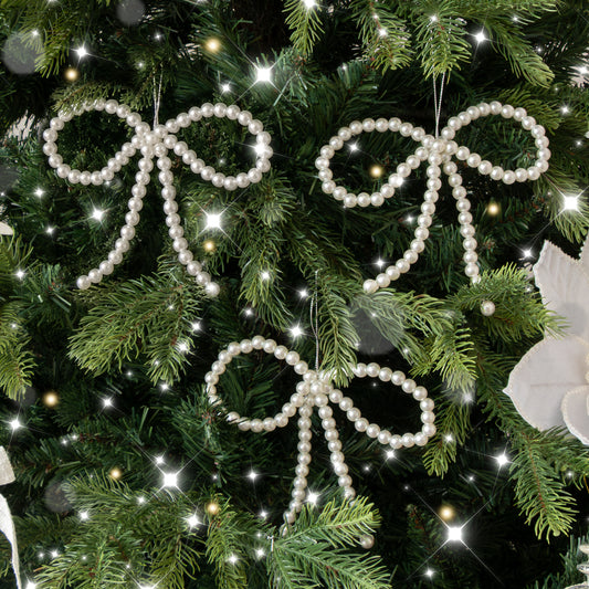  Set of 3 White Pearl Christmas Bow Bauble Christmas Decorations 