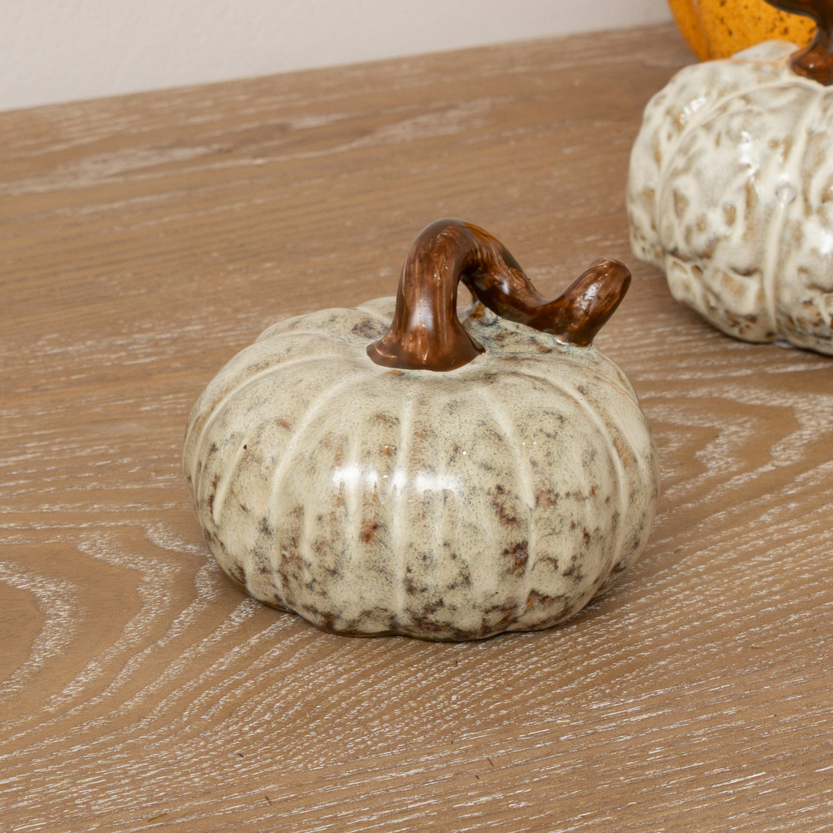 Small Cream & Brown Glazed Pumpkin Ornament - 8.5cm
