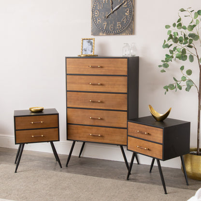 Mid-Century Modern Wooden & Black 5 Drawer Tallboy & Pair of 2 Drawer Bedside Tables - Industrial Range