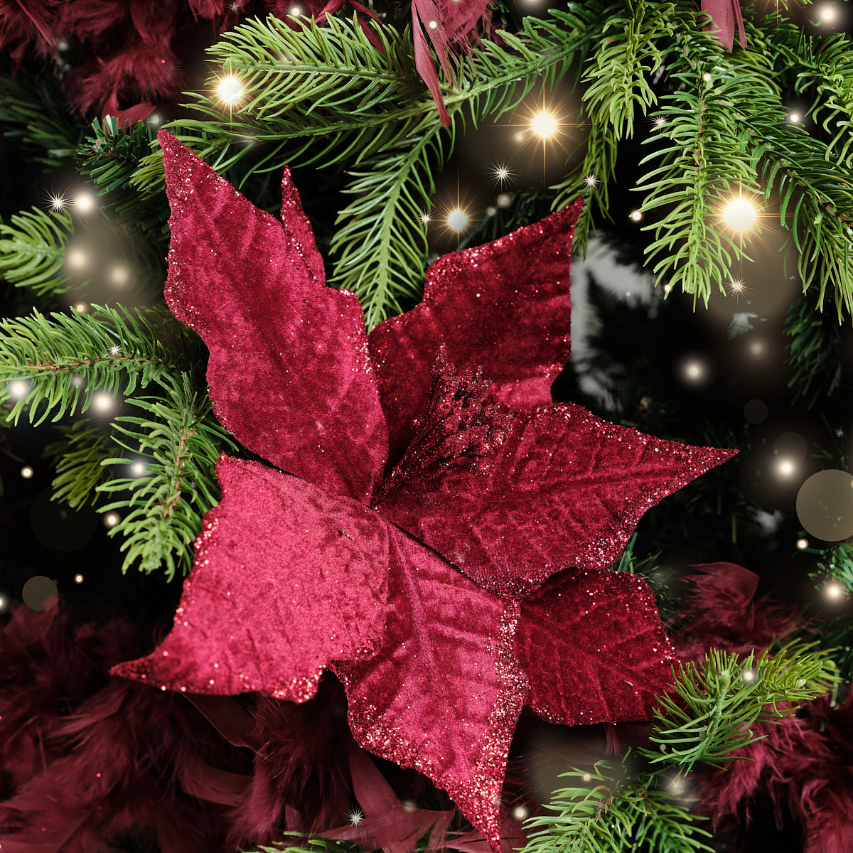 Set of 3 Burgundy Velvet Poinsettia Floral Tree Decorative Picks - 22cm