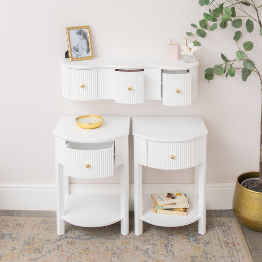  3 Drawer Reeded Wall Mounted Floating Dressing Table & Pair of Bedside Tables - Willow White Range 