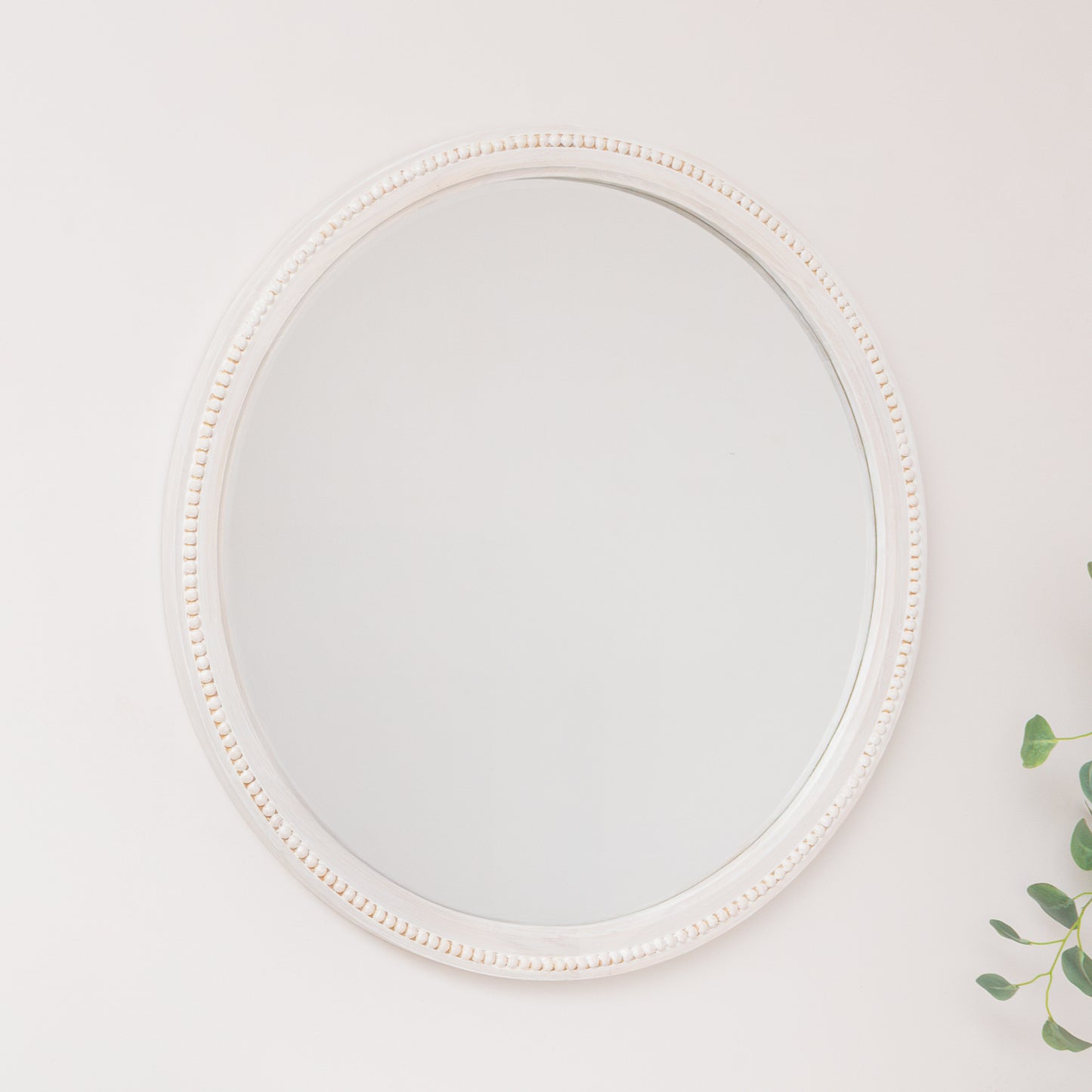 Round Distressed White Washed Wooden Bobbin Detailed Wall Mirror - 80cm x 80cm