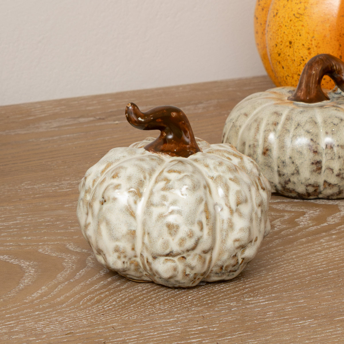 Small Cream & Brown Glazed Wonky Pumpkin Ornament - 9cm