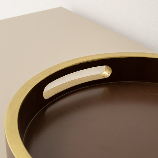  Large Round Chocolate Brown & Gold Decorative Tray - 30cm 