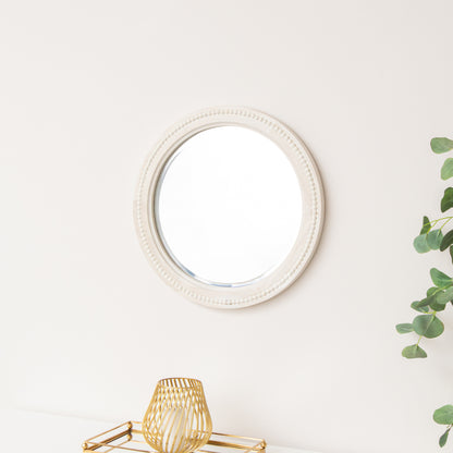 Round Distressed White Washed Wooden Bobbin Detailed Wall Mirror - 50cm x 50cm