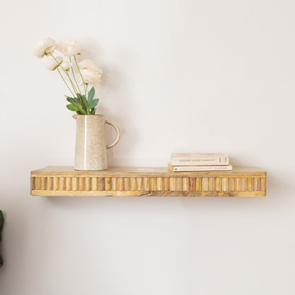 Mango Wood Fluted Wooden Wall Shelf - 70cm