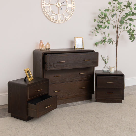  3 Drawer Wooden Chest of Drawers and Pair of 2 Drawer Bedside Tables - Kingsley Range 