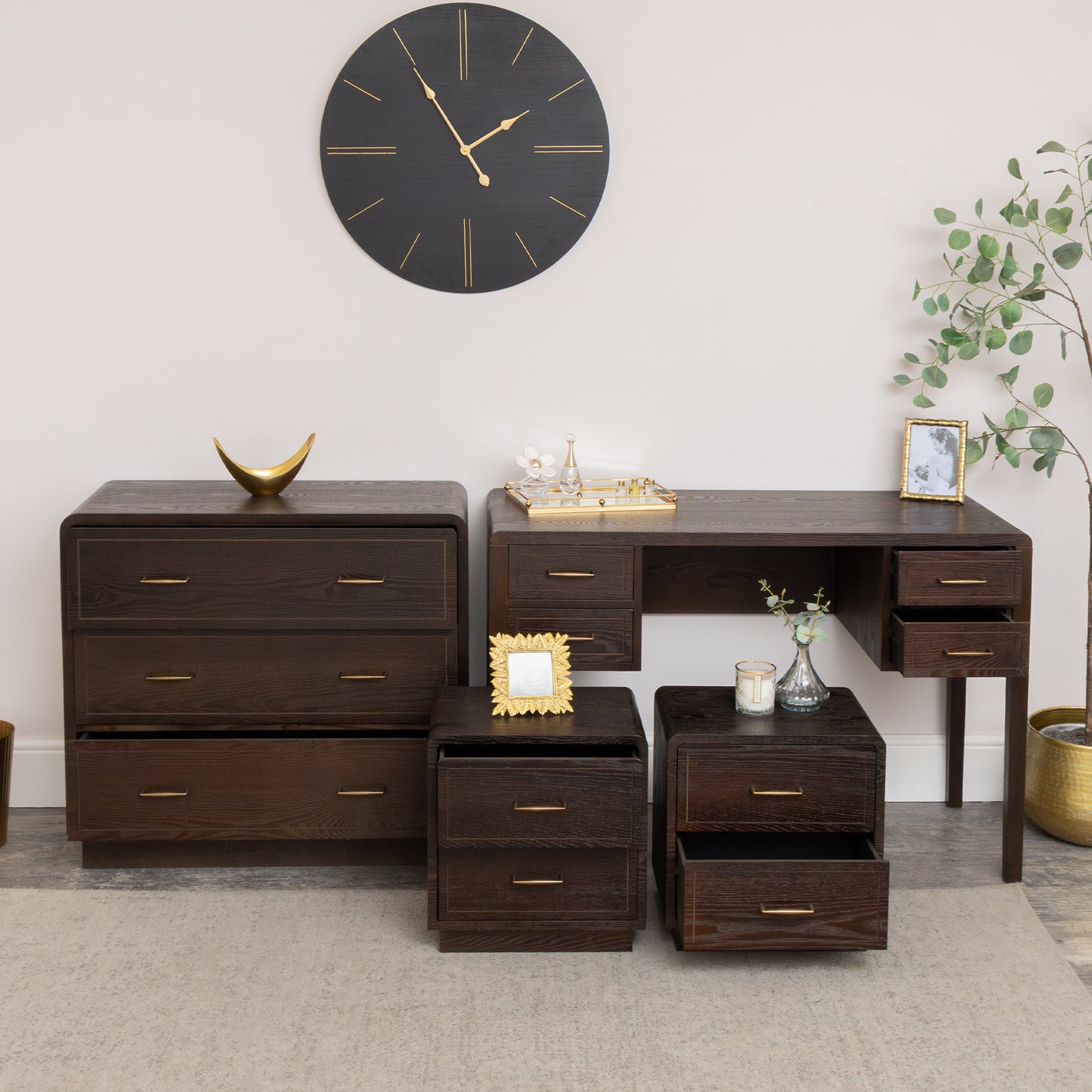 Dark Wood Chest of 3 Drawers, Dressing Table & Pair of Bedside Tables - Kingsley Range