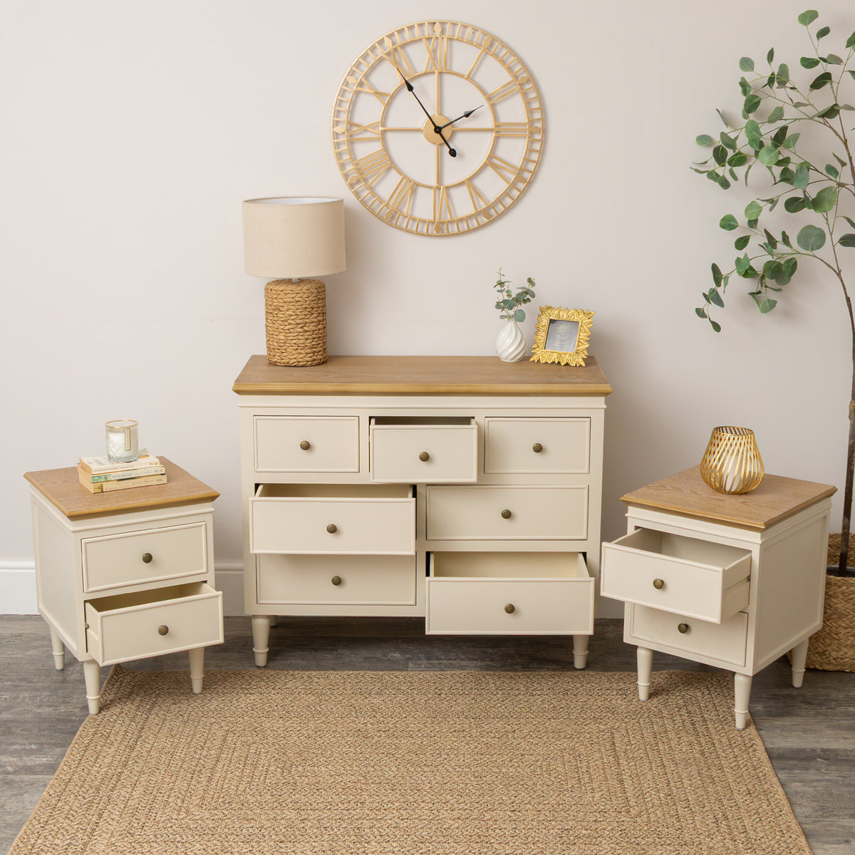 Cream & Wooden 7 Drawer Chest of Drawers & Pair of Two Drawer Bedside Tables - Claudia Range