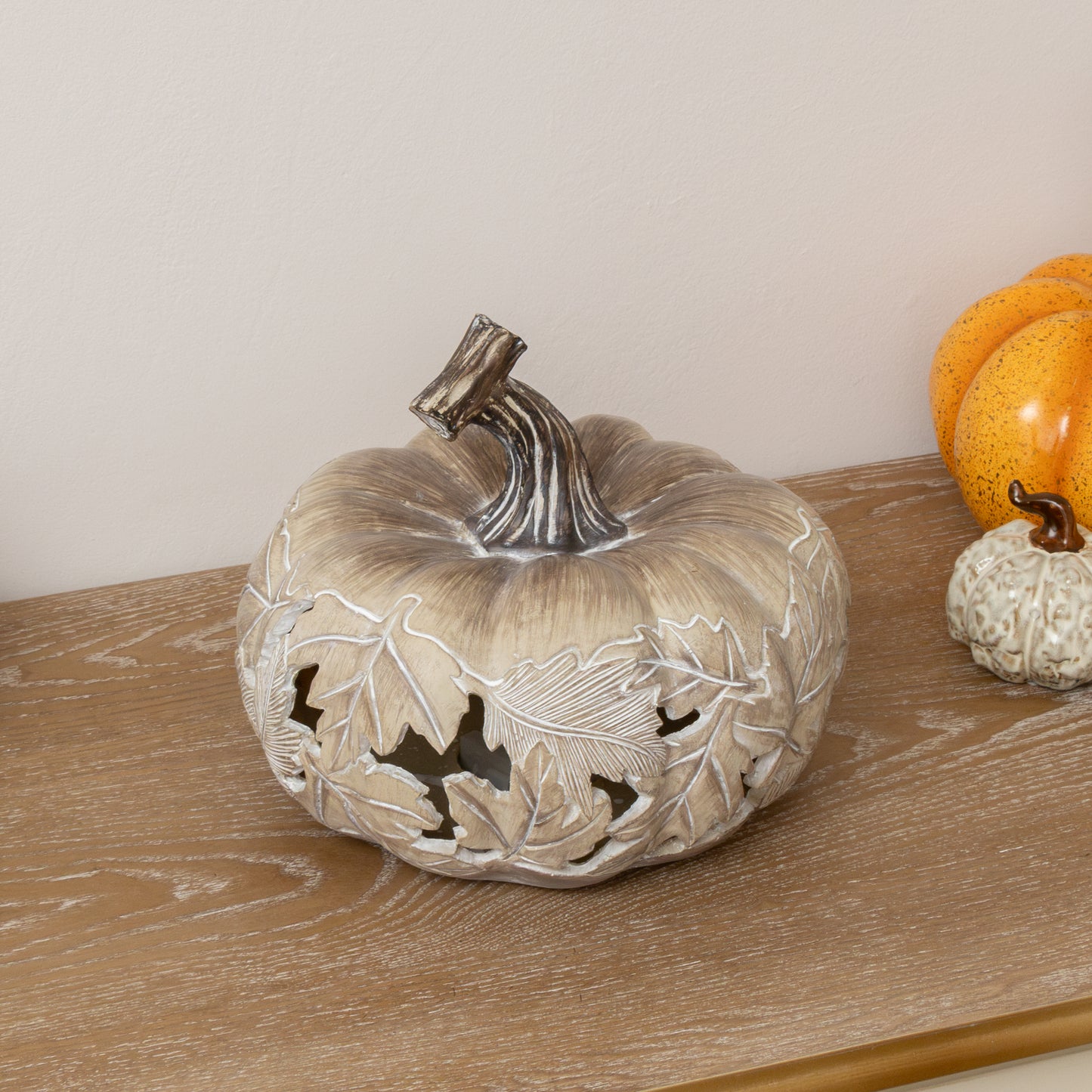 LED White & Grey Leaf Pattern Pumpkin Ornament - 23cm x 20cm