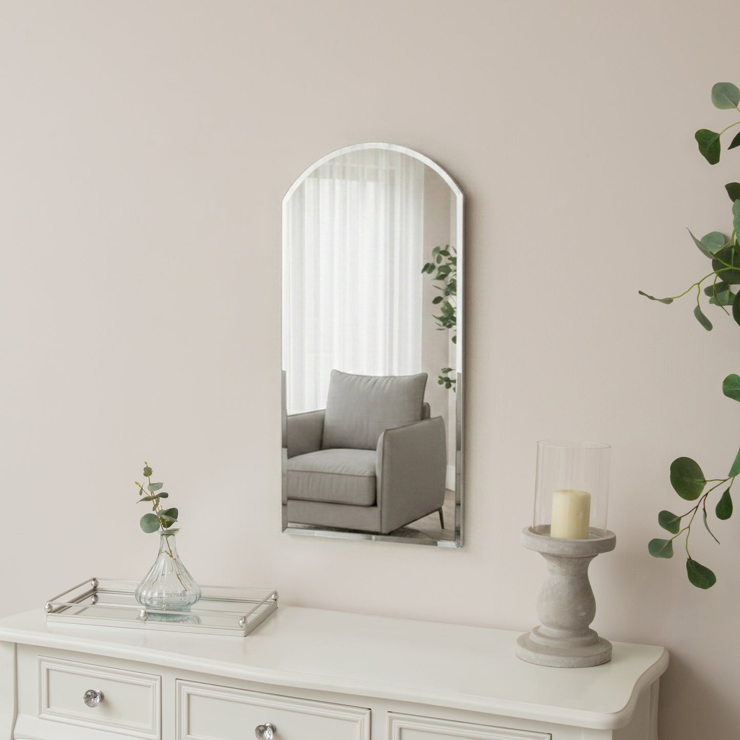 Arched Frameless Bevelled Wall Mirror - 35cm x 71cm