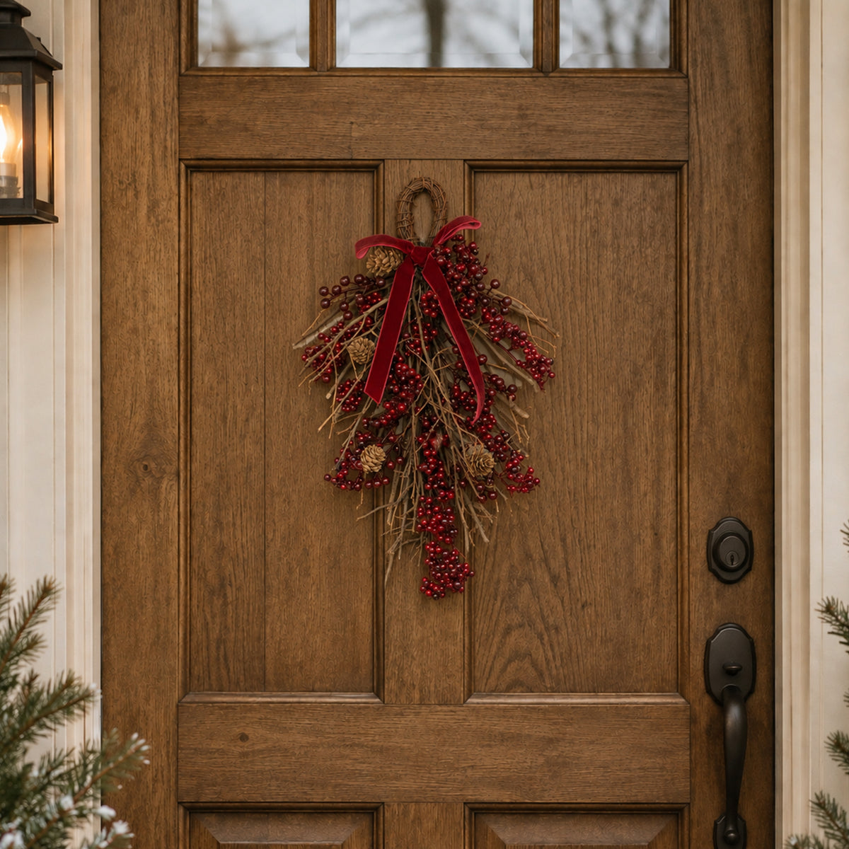 Large Natural Red Pine Cone & Berry Christmas Wall Hanging Swag Decoration - 42cm