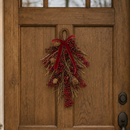 Large Natural Red Pine Cone & Berry Christmas Wall Hanging Swag Decoration - 42cm