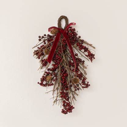 Large Natural Red Pine Cone & Berry Christmas Wall Hanging Swag Decoration - 42cm