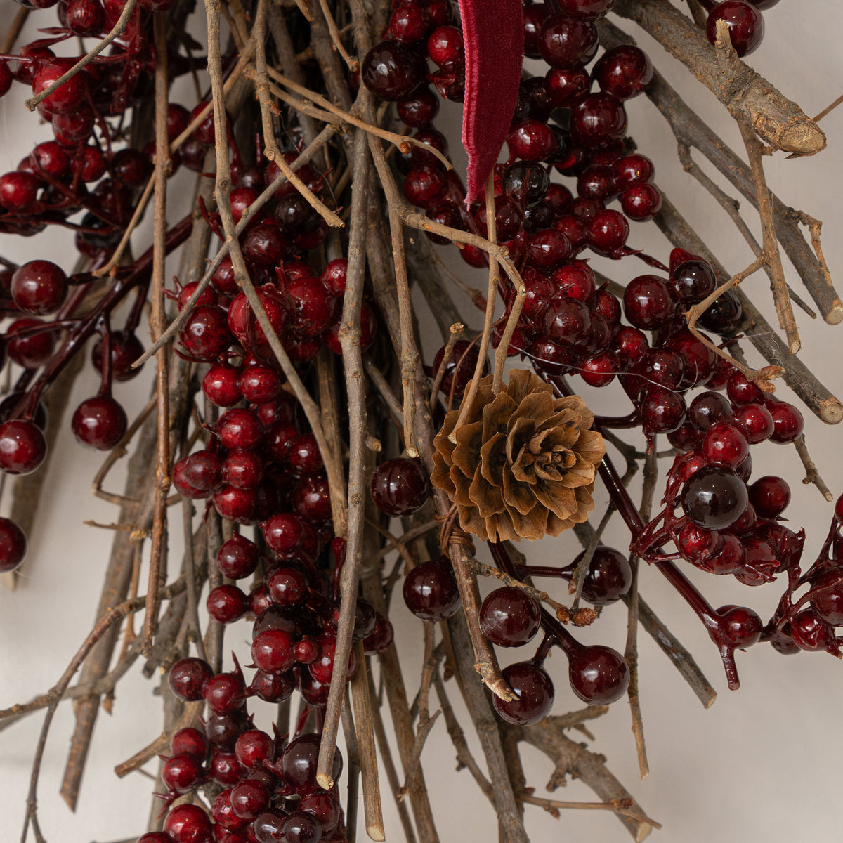 Large Natural Red Pine Cone & Berry Christmas Wall Hanging Swag Decoration - 42cm