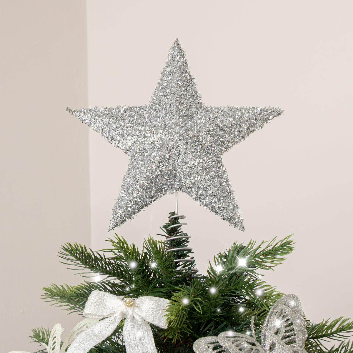 Large Silver Tinsel Star Shaped Christmas Tree Topper