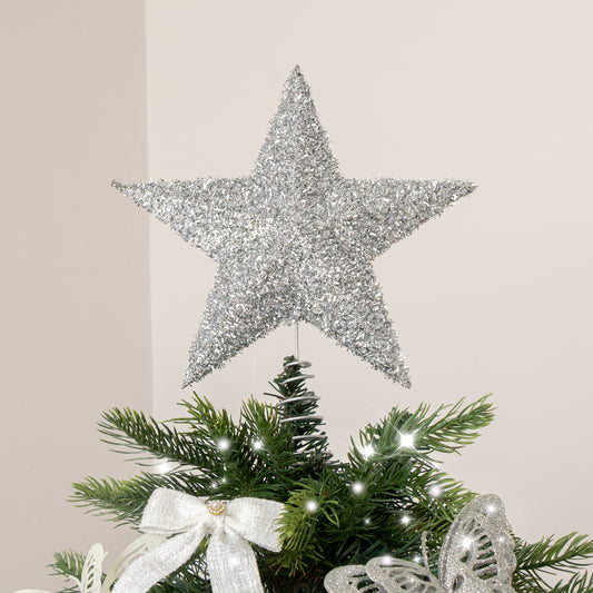  Large Silver Tinsel Star Shaped Christmas Tree Topper 