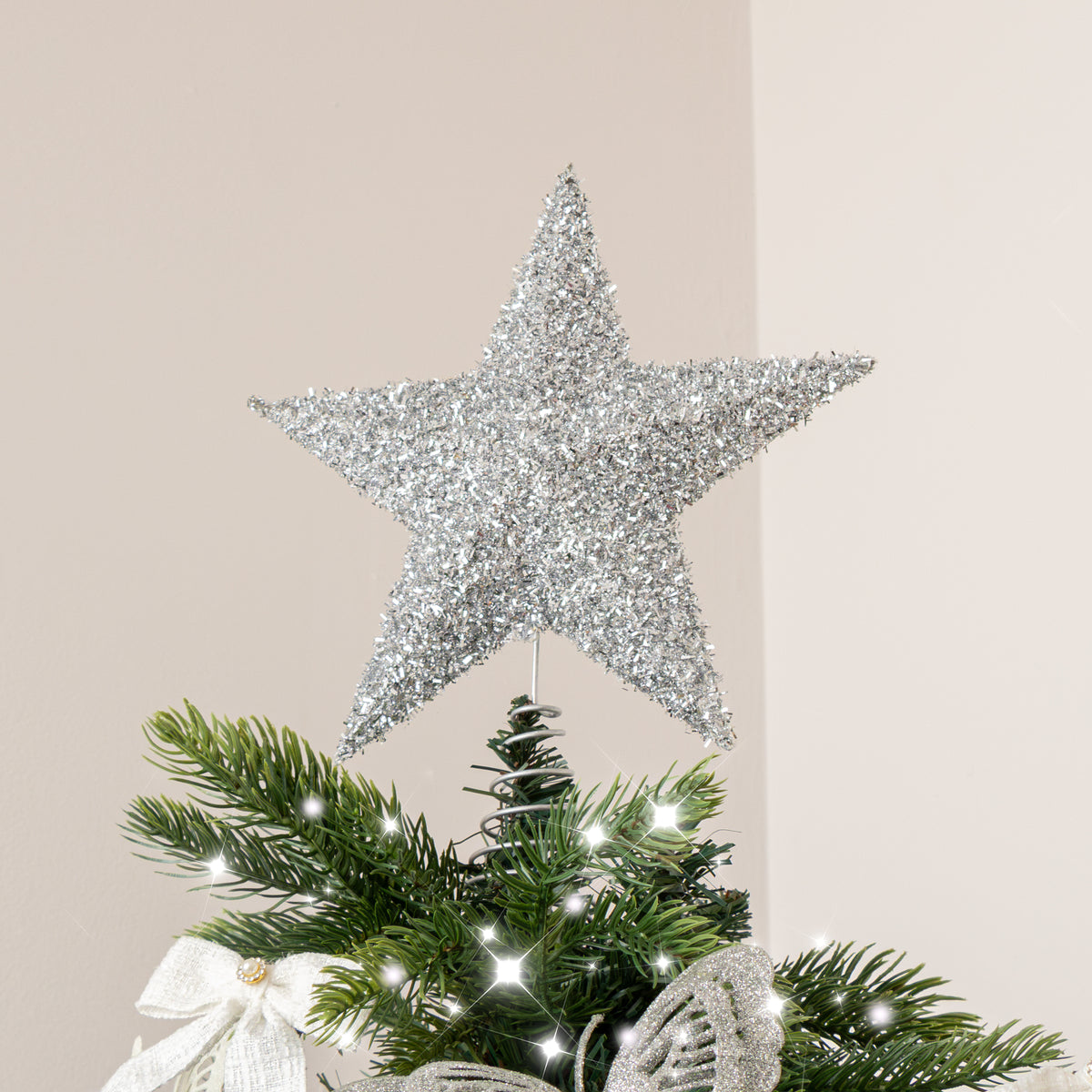 Large Silver Tinsel Star Shaped Christmas Tree Topper