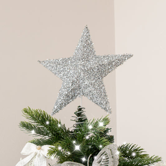  Large Silver Tinsel Star Shaped Christmas Tree Topper 