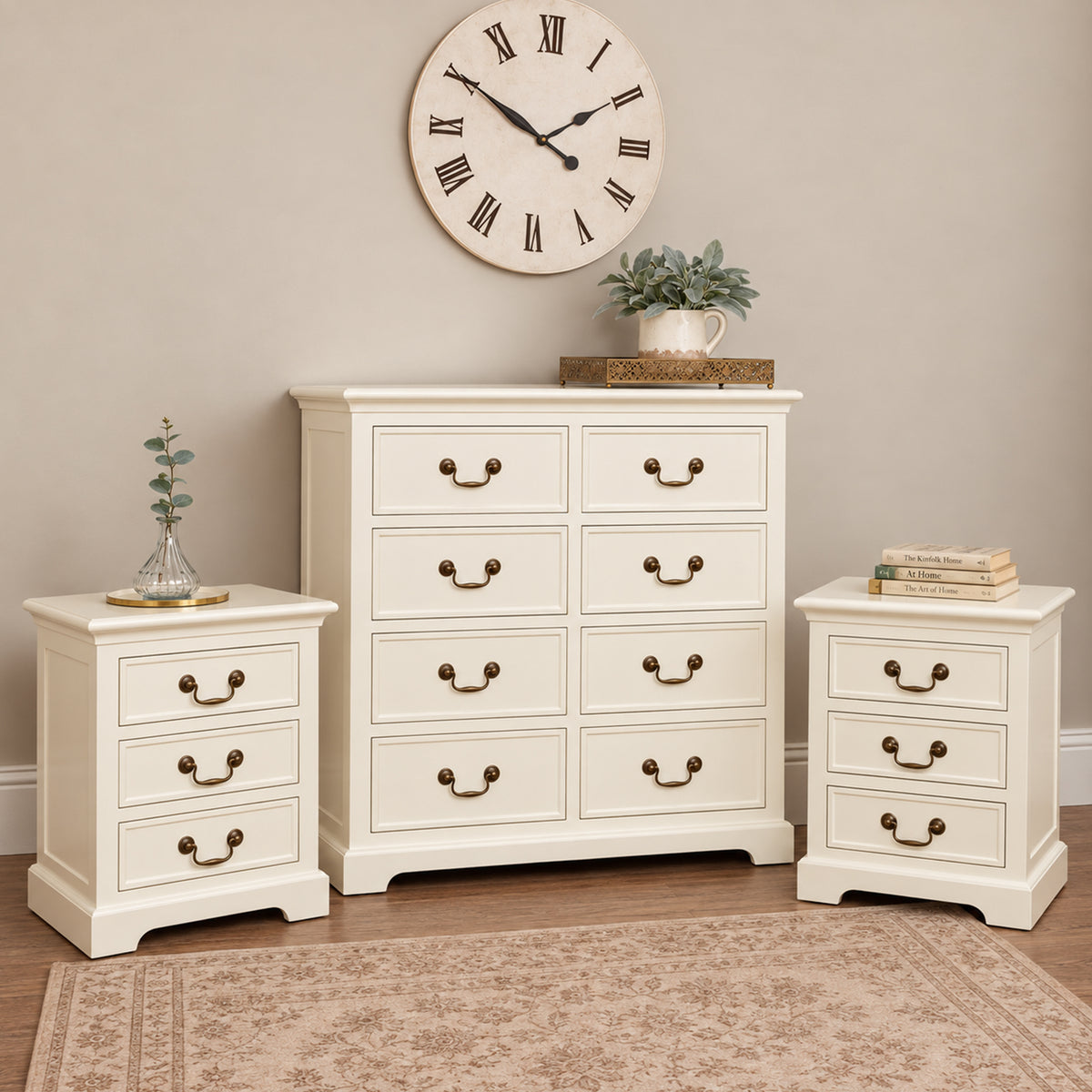 Ivory 8 Drawer Chest of Drawers & Pair of 3 Drawer Bedside Tables - Charlotte Ivory Range