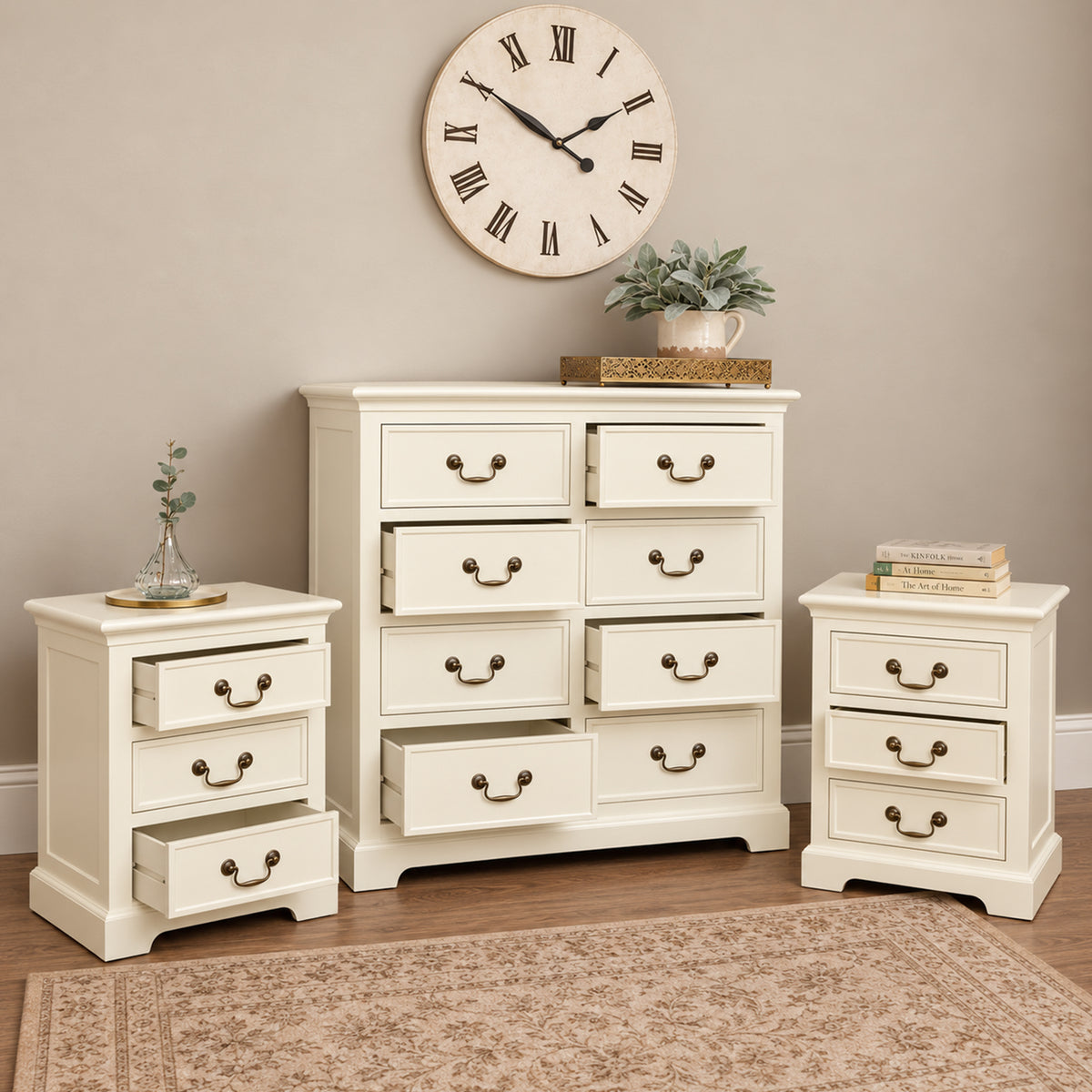 Ivory 8 Drawer Chest of Drawers & Pair of 3 Drawer Bedside Tables - Charlotte Ivory Range