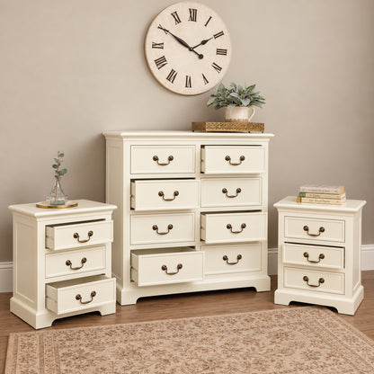 Ivory 8 Drawer Chest of Drawers & Pair of 3 Drawer Bedside Tables - Charlotte Ivory Range