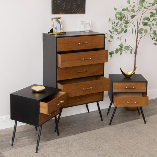  Mid-Century Modern Wooden & Black 5 Drawer Tallboy & Pair of 2 Drawer Bedside Tables - Industrial Range 