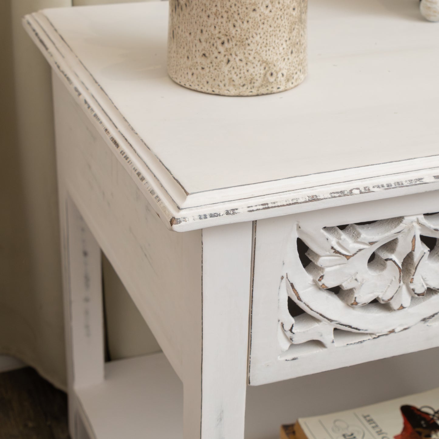 Pair of Distressed White Mango Wood Bohemian Bedside Tables - Freya White Range