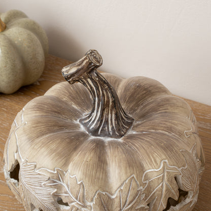 LED White & Grey Leaf Pattern Pumpkin Ornament - 23cm x 20cm