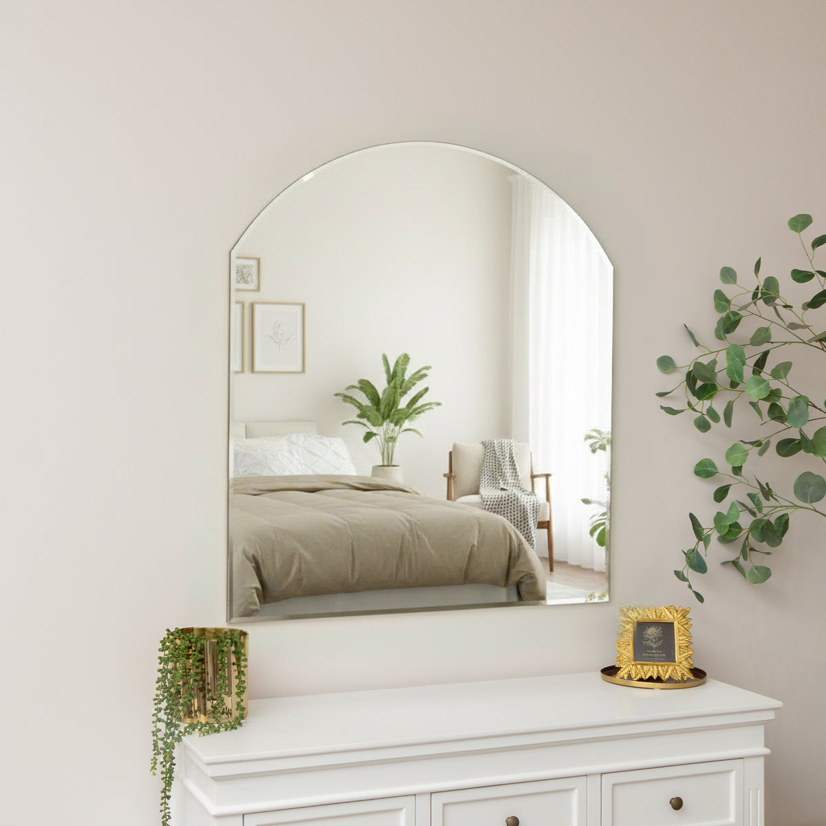 Large Frameless Arched Mirror with Bevelled Edges - 88cm x 100cm