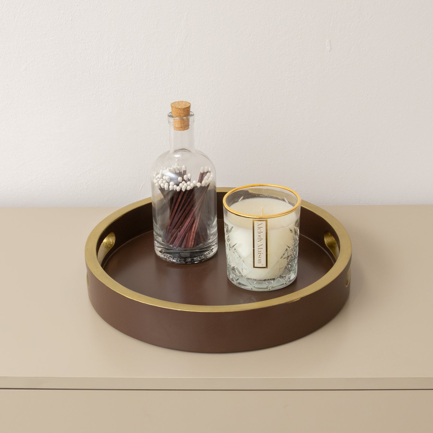 Large Round Chocolate Brown & Gold Decorative Tray - 30cm