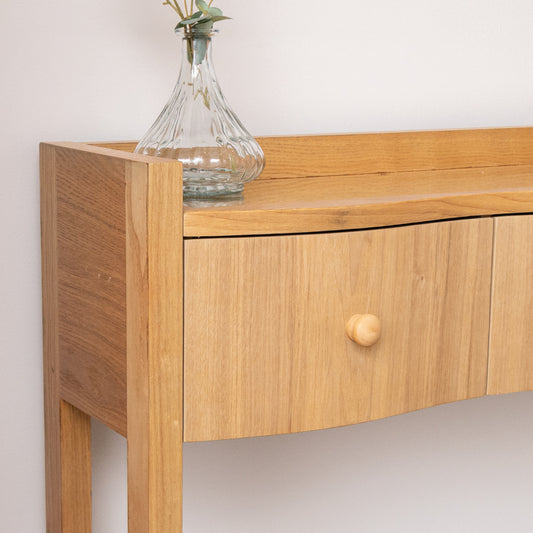  Pale Wood Curved 3 Drawer Console Table with Hessian & Glass Top - Austin Wood Range 