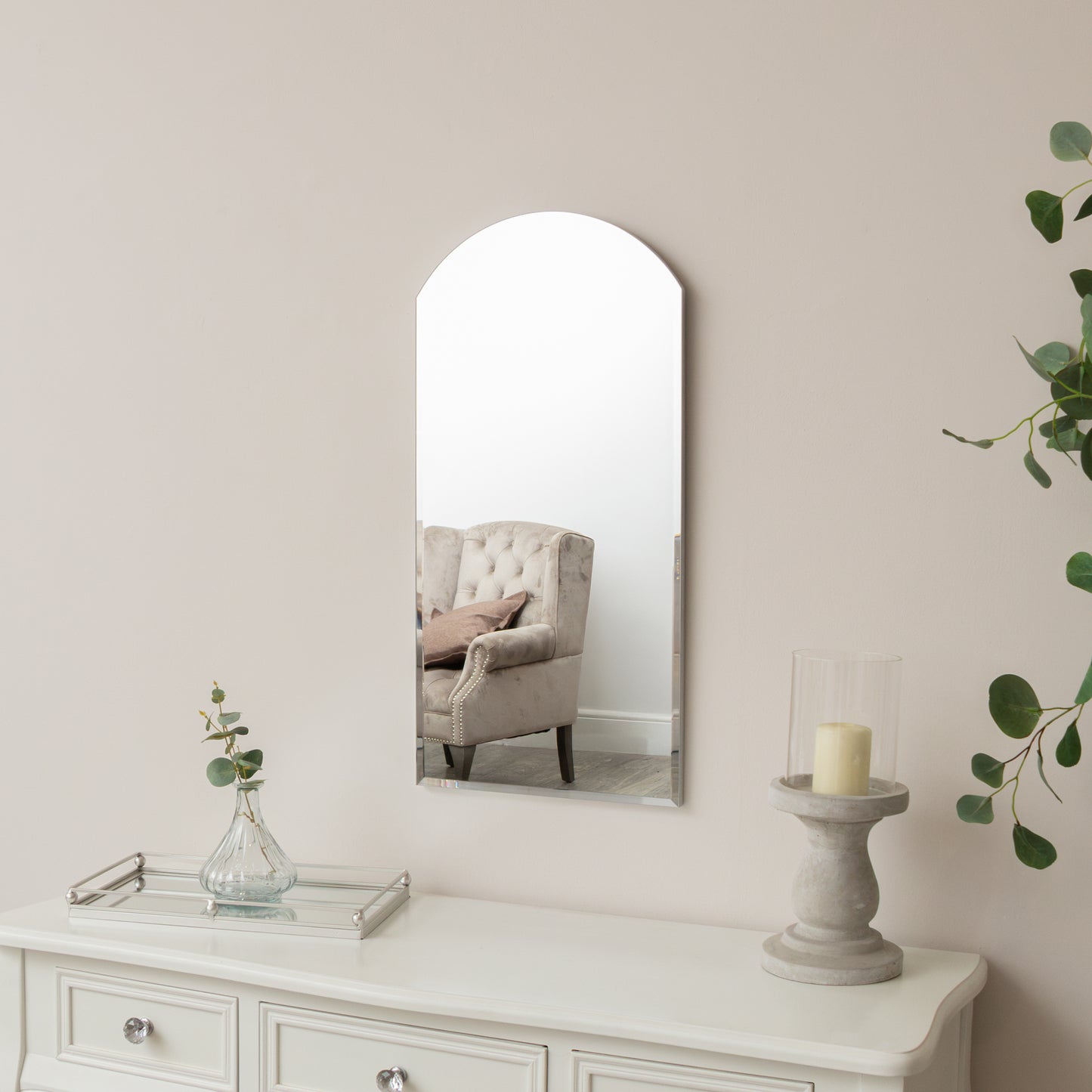 Arched Frameless Bevelled Wall Mirror - 35cm x 71cm