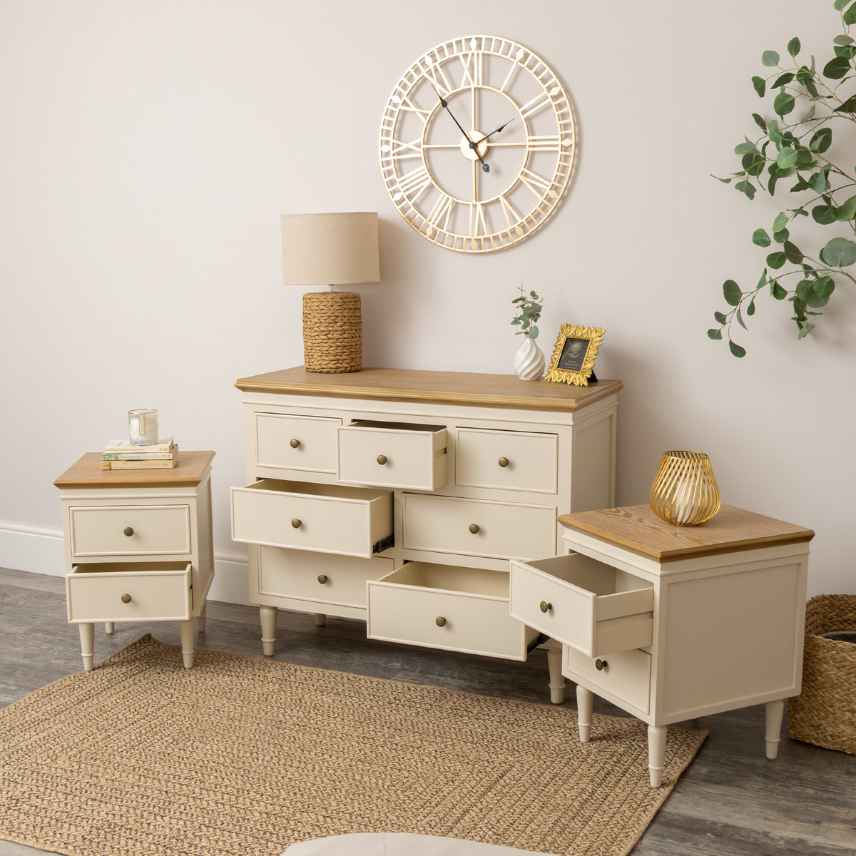 Cream & Wooden 7 Drawer Chest of Drawers & Pair of Two Drawer Bedside Tables - Claudia Range