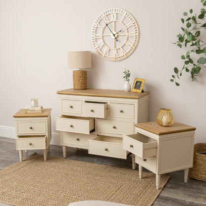 Cream & Wooden 7 Drawer Chest of Drawers & Pair of Two Drawer Bedside Tables - Claudia Range