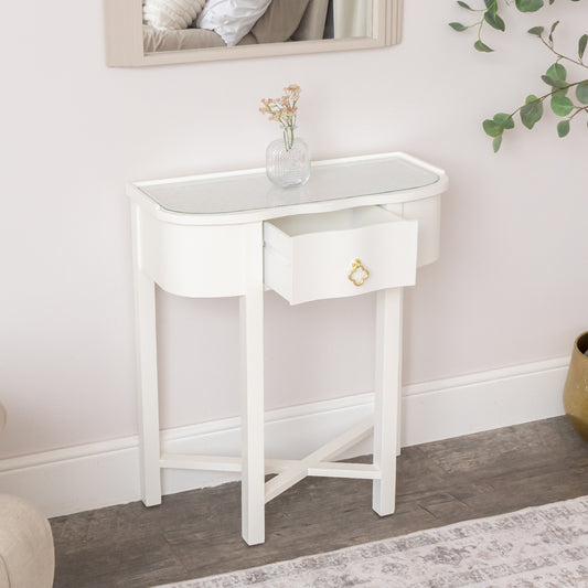  One Drawer Half Moon Console Table with Hessian & Glass Top - Austin White Range 