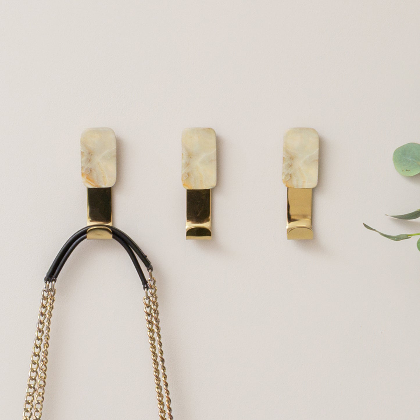Set of 3 Cream Marble & Gold Wall Hooks