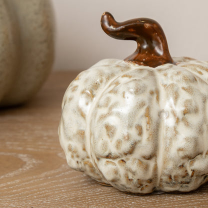 Small Cream & Brown Glazed Wonky Pumpkin Ornament - 9cm