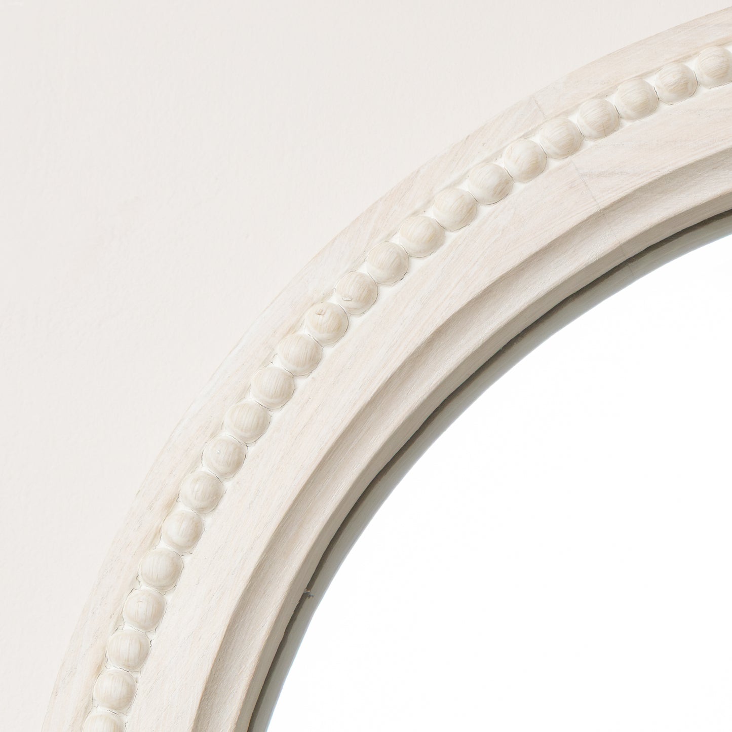 Round Distressed White Washed Wooden Bobbin Detailed Wall Mirror - 50cm x 50cm