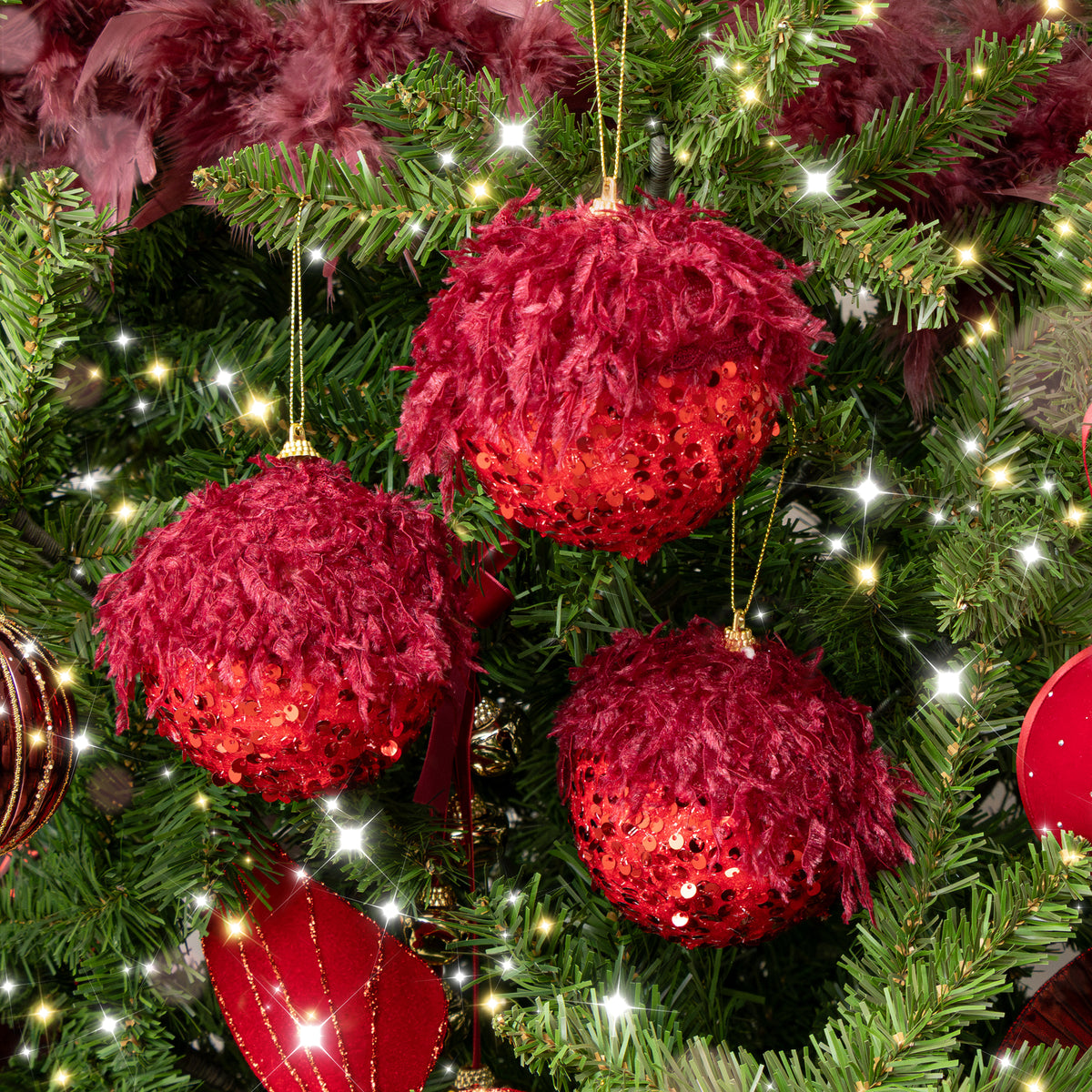 Set of 3 Large Round Red Seaquin & Feathered Top Baubles