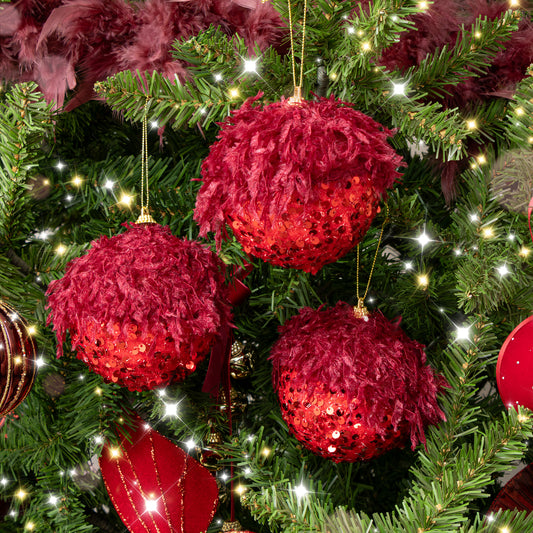  Set of 3 Large Round Red Seaquin & Feathered Top Baubles 