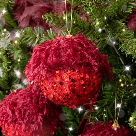  Set of 3 Large Round Red Seaquin & Feathered Top Baubles 