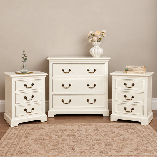  Ivory 3 Drawer Chest of Drawers & Pair of 3 Drawer Bedside Tables - Charlotte Ivory Range 