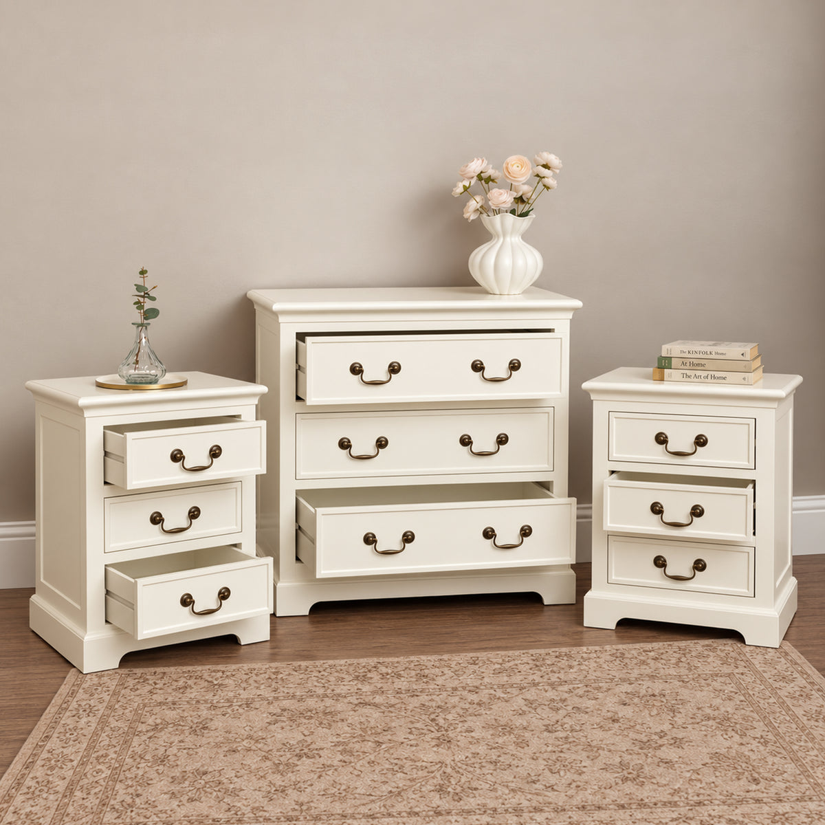 Ivory 3 Drawer Chest of Drawers & Pair of 3 Drawer Bedside Tables - Charlotte Ivory Range