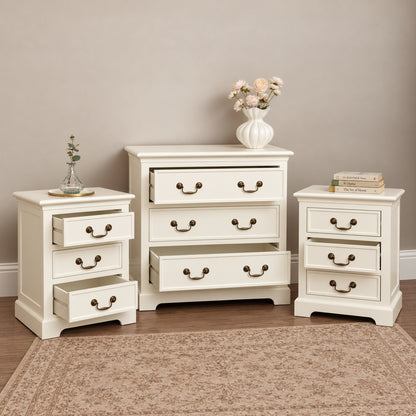 Ivory 3 Drawer Chest of Drawers & Pair of 3 Drawer Bedside Tables - Charlotte Ivory Range