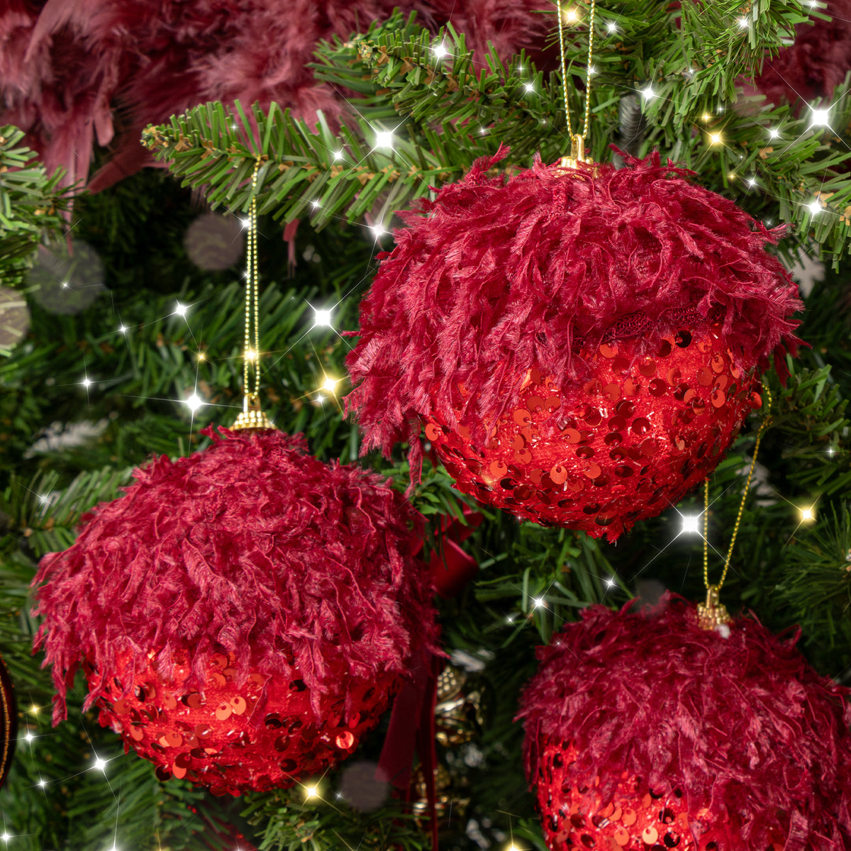 Set of 3 Large Round Red Seaquin & Feathered Top Baubles