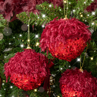 Set of 3 Large Round Red Seaquin & Feathered Top Baubles