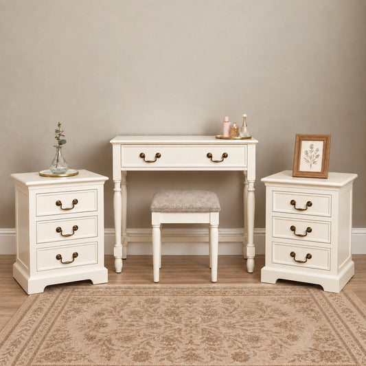  Ivory 2 Drawer Dressing Table Set & Pair of 3 Drawer Bedside Tables - Charlotte Ivory Range 