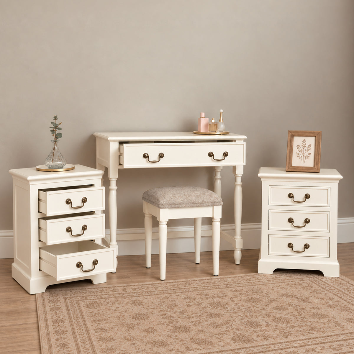 Ivory 2 Drawer Dressing Table Set & Pair of 3 Drawer Bedside Tables - Charlotte Ivory Range