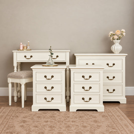  Ivory 3 Drawer Chest of Drawers, Dressing Table Set & Pair of 3 Drawer Bedside Tables - Charlotte Ivory Range 